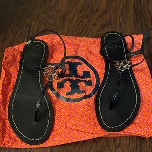 Tory Burch Black Leather Sandals with Gold Logo